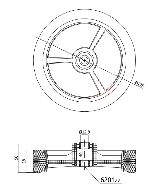 Rasenmäherrad 175 mm – Universal Ersatzrad aus Vollgummi mit Kugellager + Montage-Set, Code: K175LL*M8