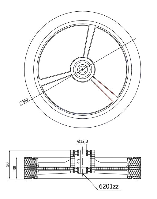 Rasenmäherrad 200 mm – Universal Ersatzrad aus Vollgummi mit Kugellager + Montage-Set, Code: K200LL*M8