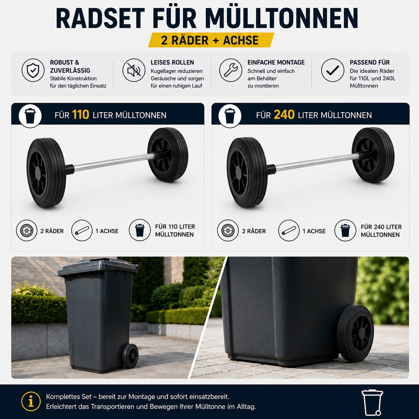 Müllbehälter Rad Mülleimer V=240L Räder 200mm mit Achse 60K*240 Set mit Achse