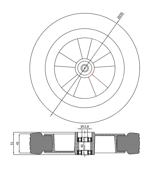 Rasenmäherrad 250 mm – Universal Ersatzrad aus Vollgummi mit Kugellager + Montage-Set, Code: K250LL*M8