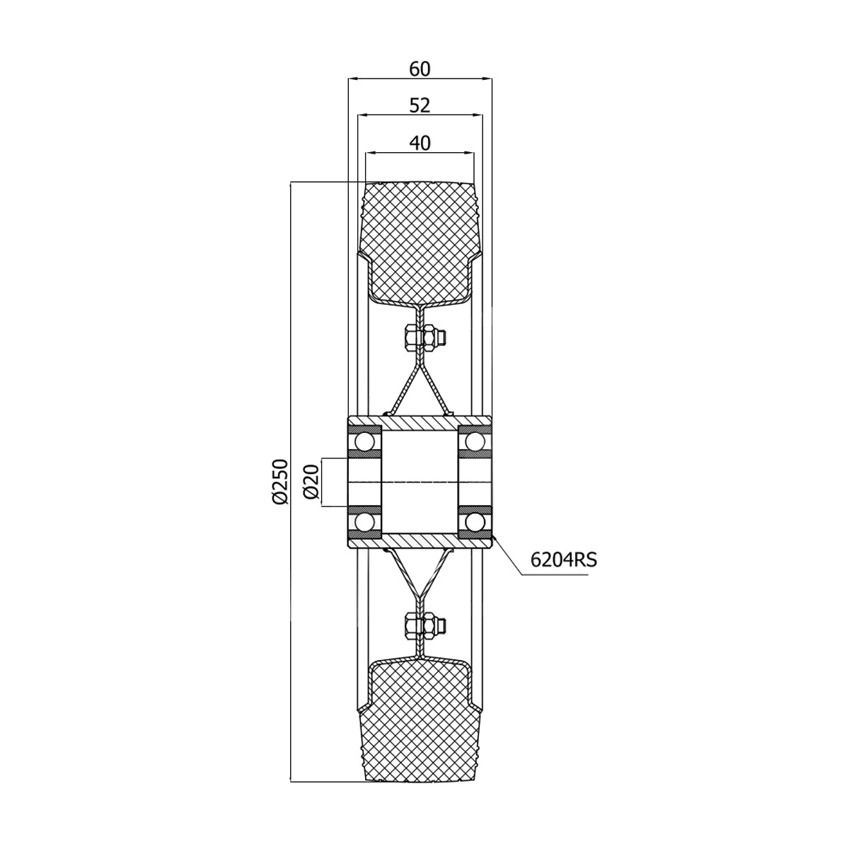 Ersatzrad Ø250 mm – Graues, nicht abfärbendes Vollgummi Industrierad mit Kugellager für Transportwagen, Code: 90LLS