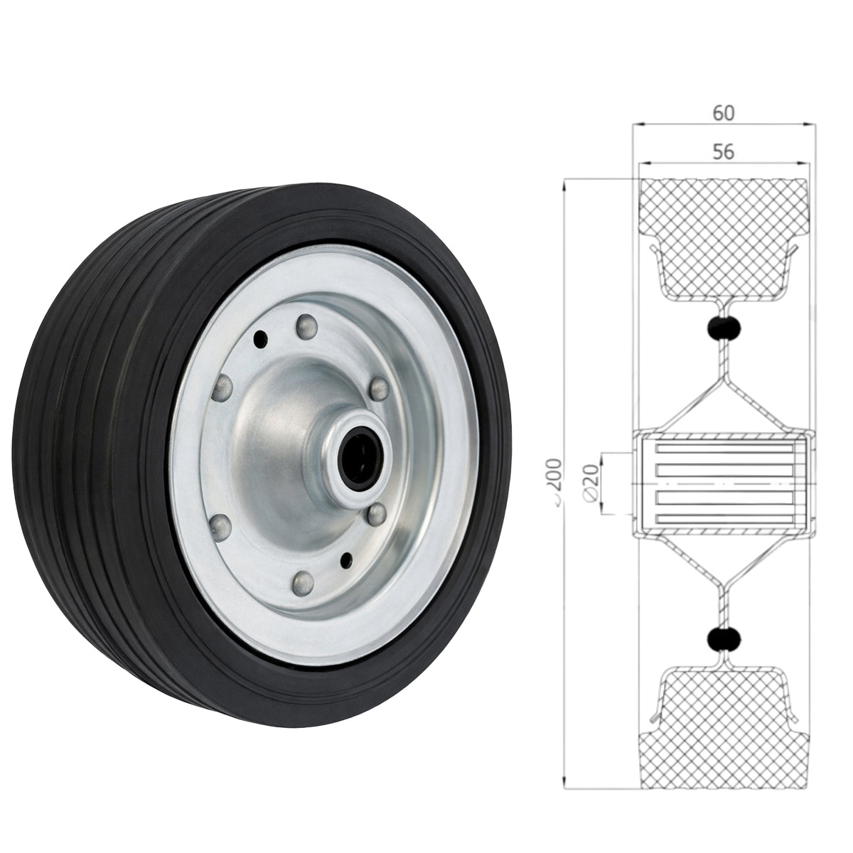 Ersatzrad Ø200 mm – Vollgummi Industrierad für Transportwagen, Code: 60F