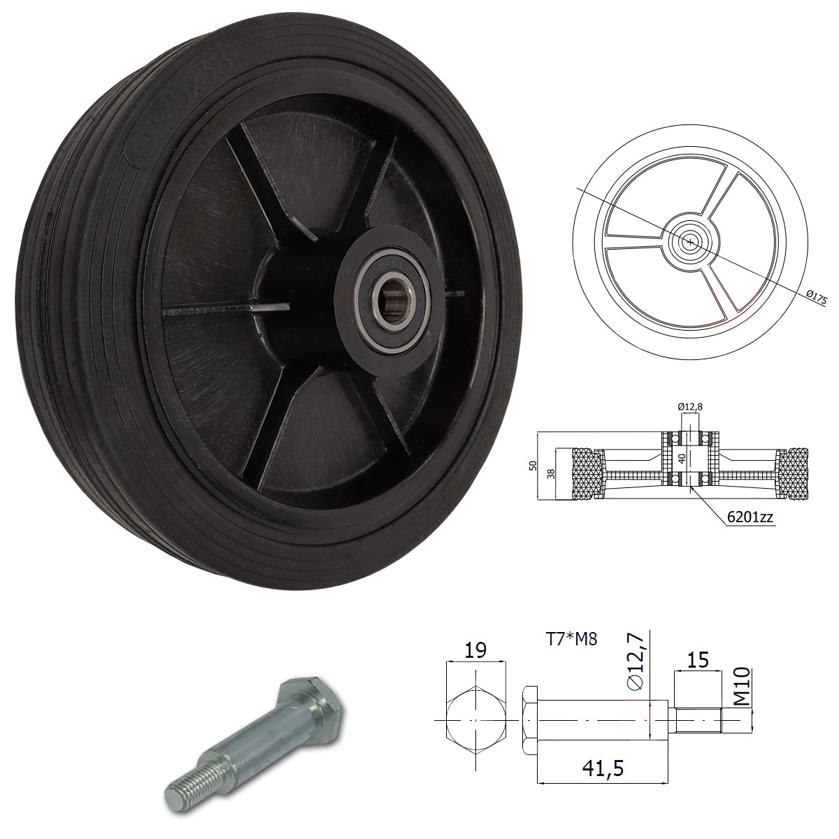 Rasenmäherrad 175 mm – Universal Ersatzrad aus Vollgummi mit Kugellager + Montage-Set, Code: K175LL*M10