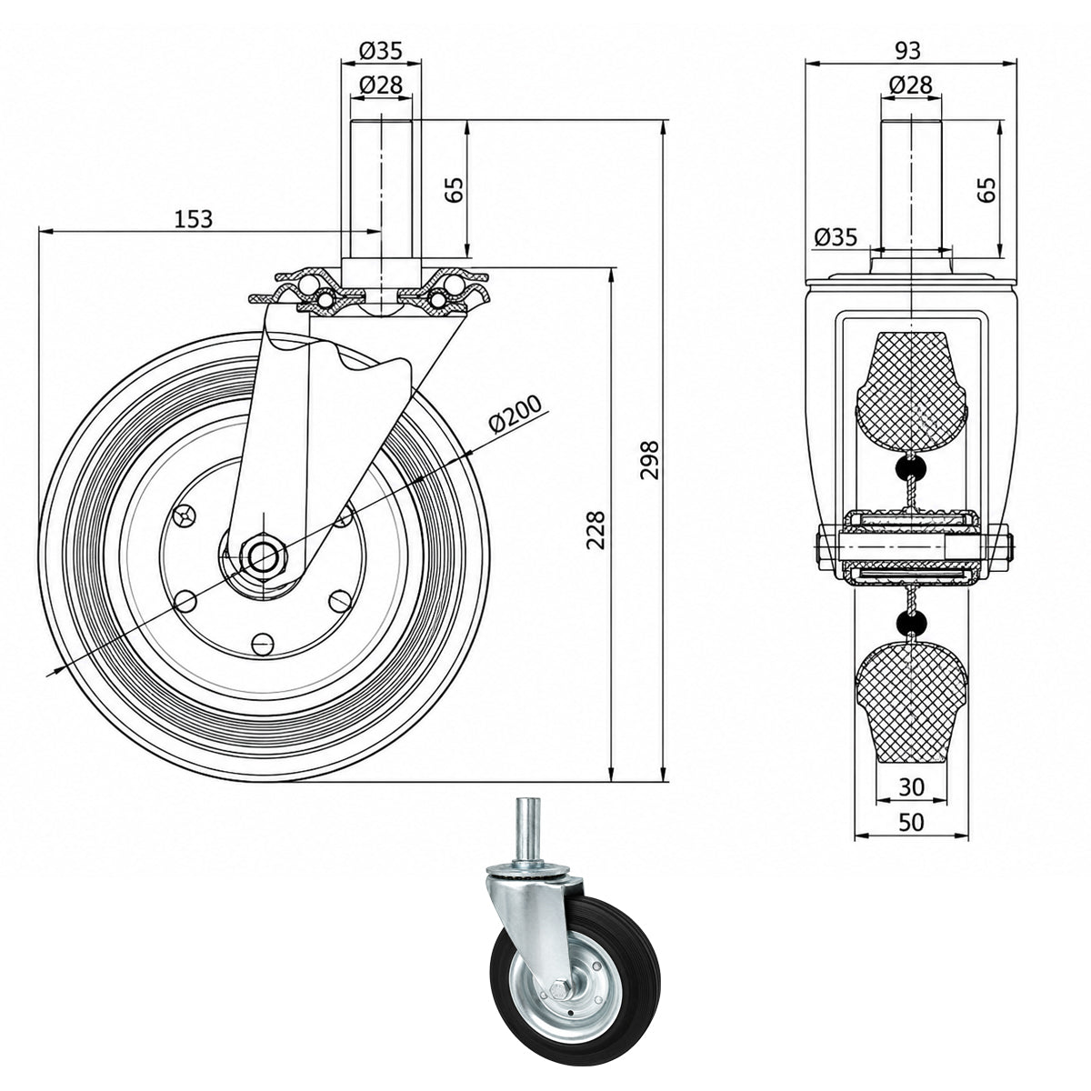 Metall-Gummiräder mit Befestigungsstift Lenkrollen  Ø200 mm Code: 64*28