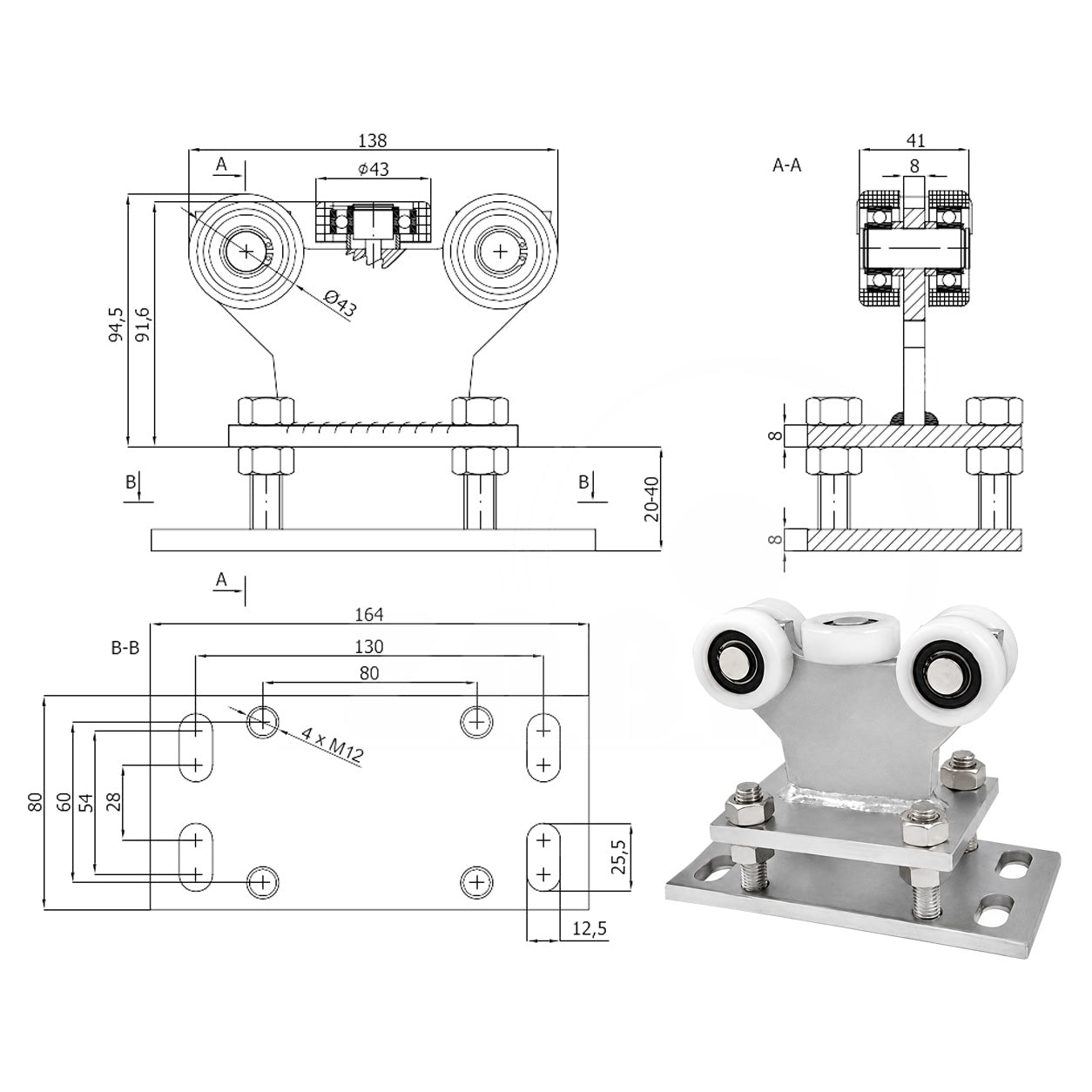 Torwagen für Schiebetore - für Profile 50x50 mm - Wandstärke 2,5 mm: R-5T-50