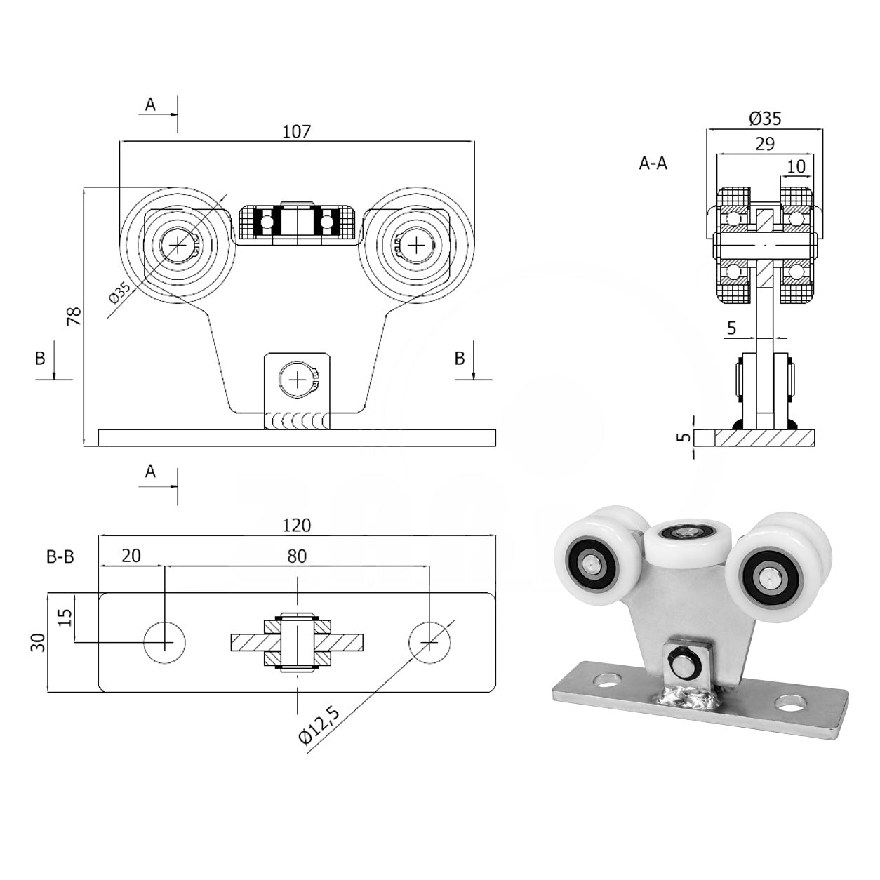 Torwagen für Schiebetore - für Profile 40x40 mm - Wandstärke 2 mm: W-5T-40