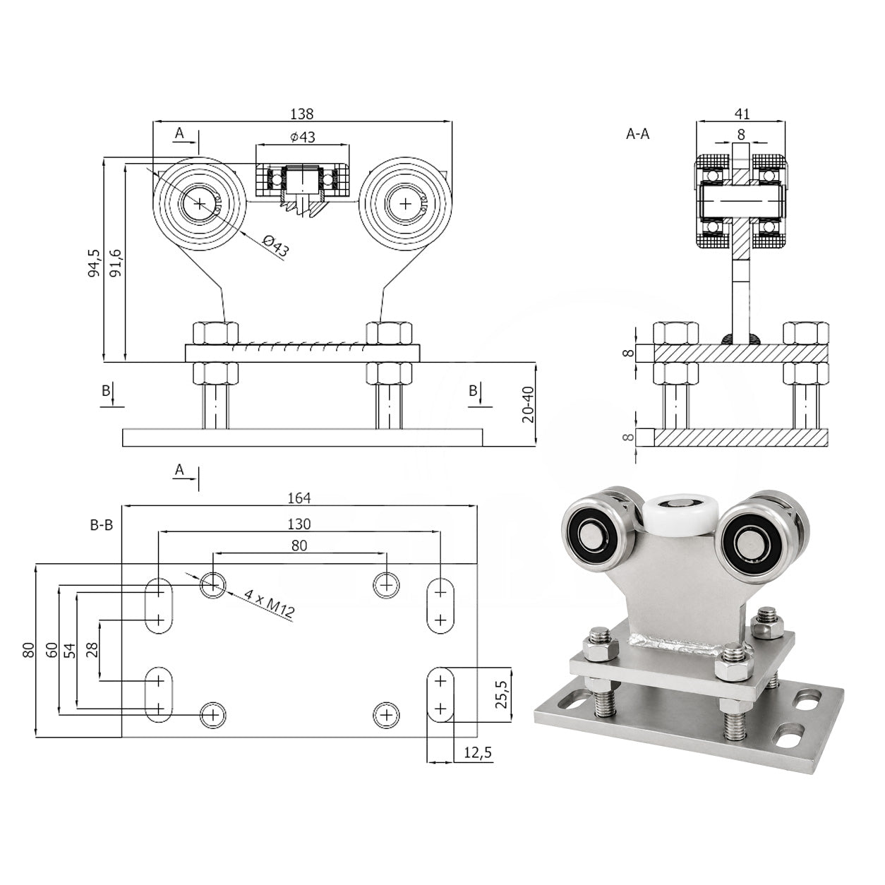 Torwagen für Schiebetore - für Profile 50x50 mm - Wandstärke 2,5 mm: R-5M-50