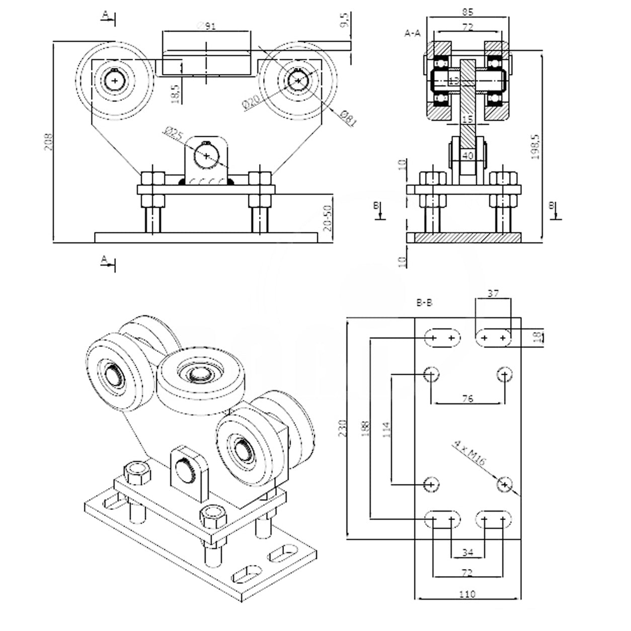 Torwagen für Schiebetore - für Profile 90x100 mm - Wandstärke 4 mm: WR-5T-90/100