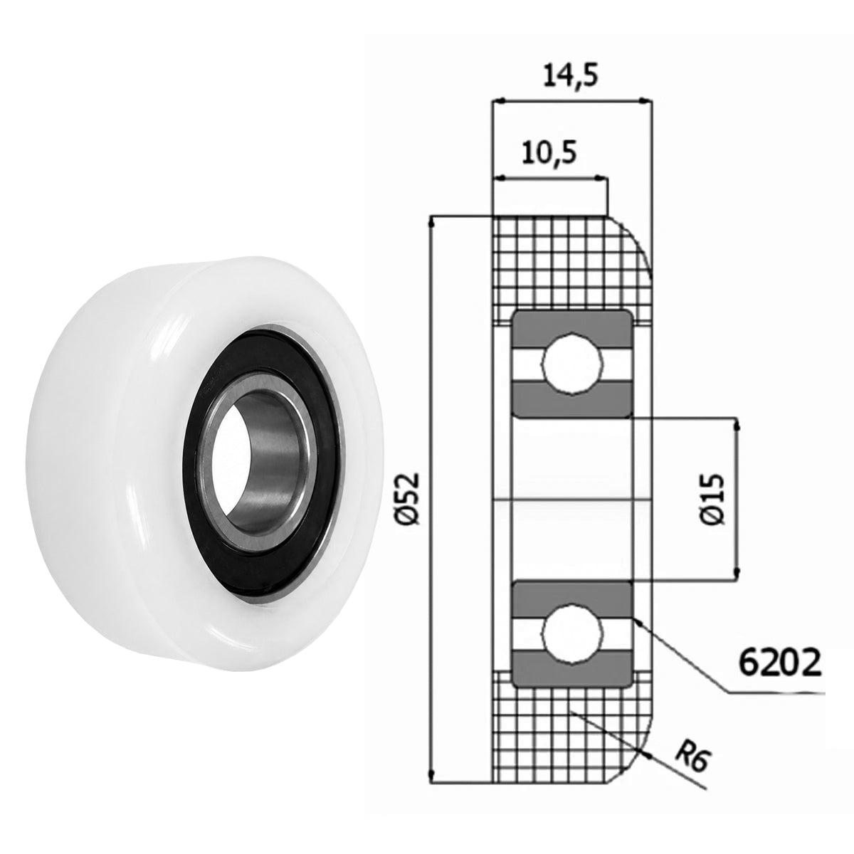 Polyamid Rolle Ø 52,5 mm mit Kugellager Kunststoffrolle Industrierollen R-52,5