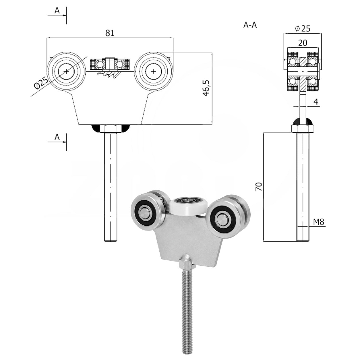 Torwagen für Schiebetore - für Profile 30x30 mm - Wandstärke 2 mm: G-5M-30/M80