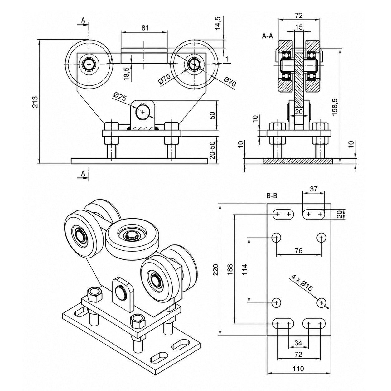 Torwagen für Schiebetore - für Profile 100x90 mm - Wandstärke 4 mm: WR-5M-100/90