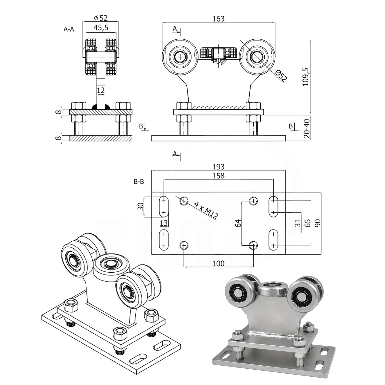 Torwagen für Schiebetore - für Profile 60 x 60 mm - Wandstärke 3 mm: R-5MM-60