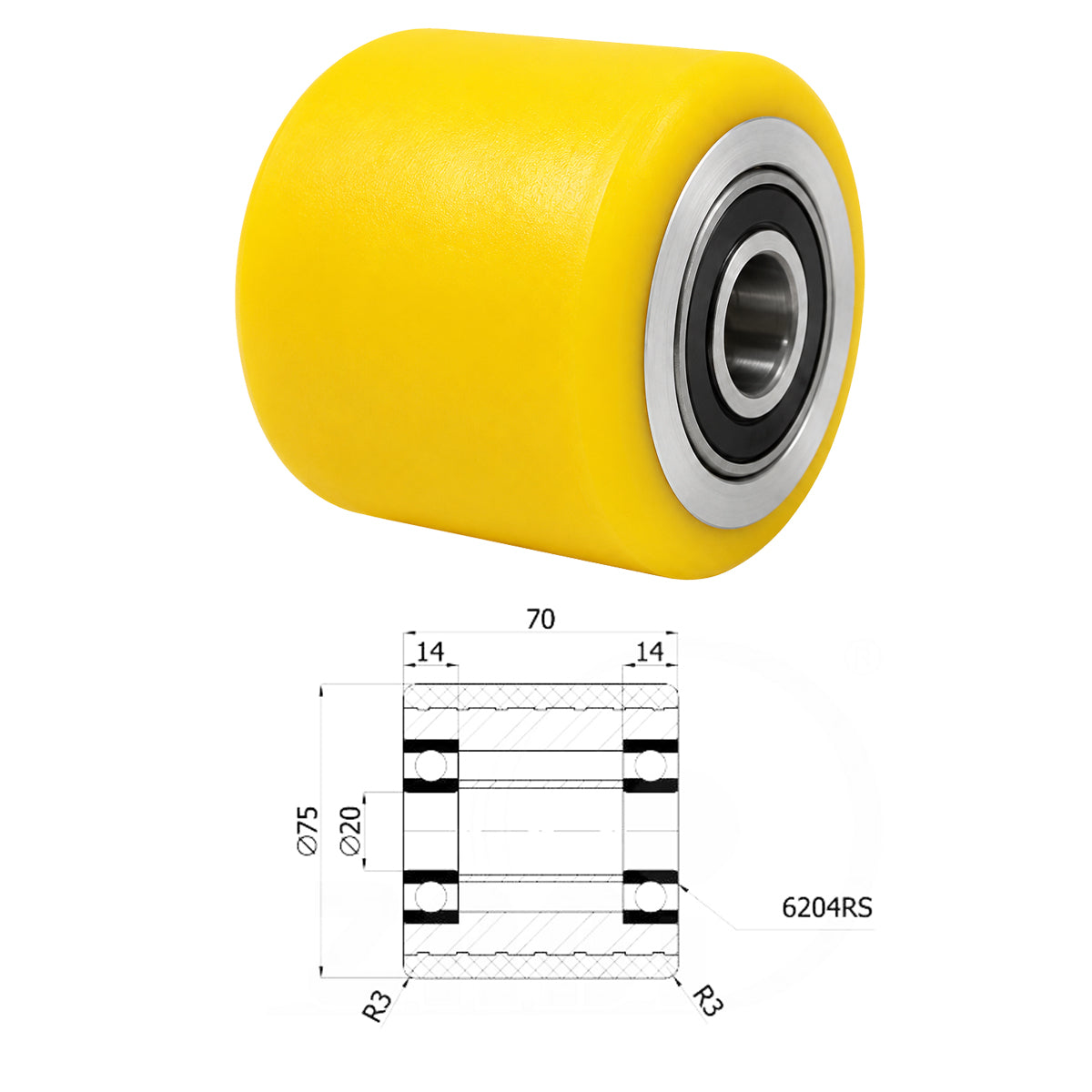 Polyamid Rolle Ø 75 mm mit Kugellager Kunststoffrolle Industrierollen RAP-75-70