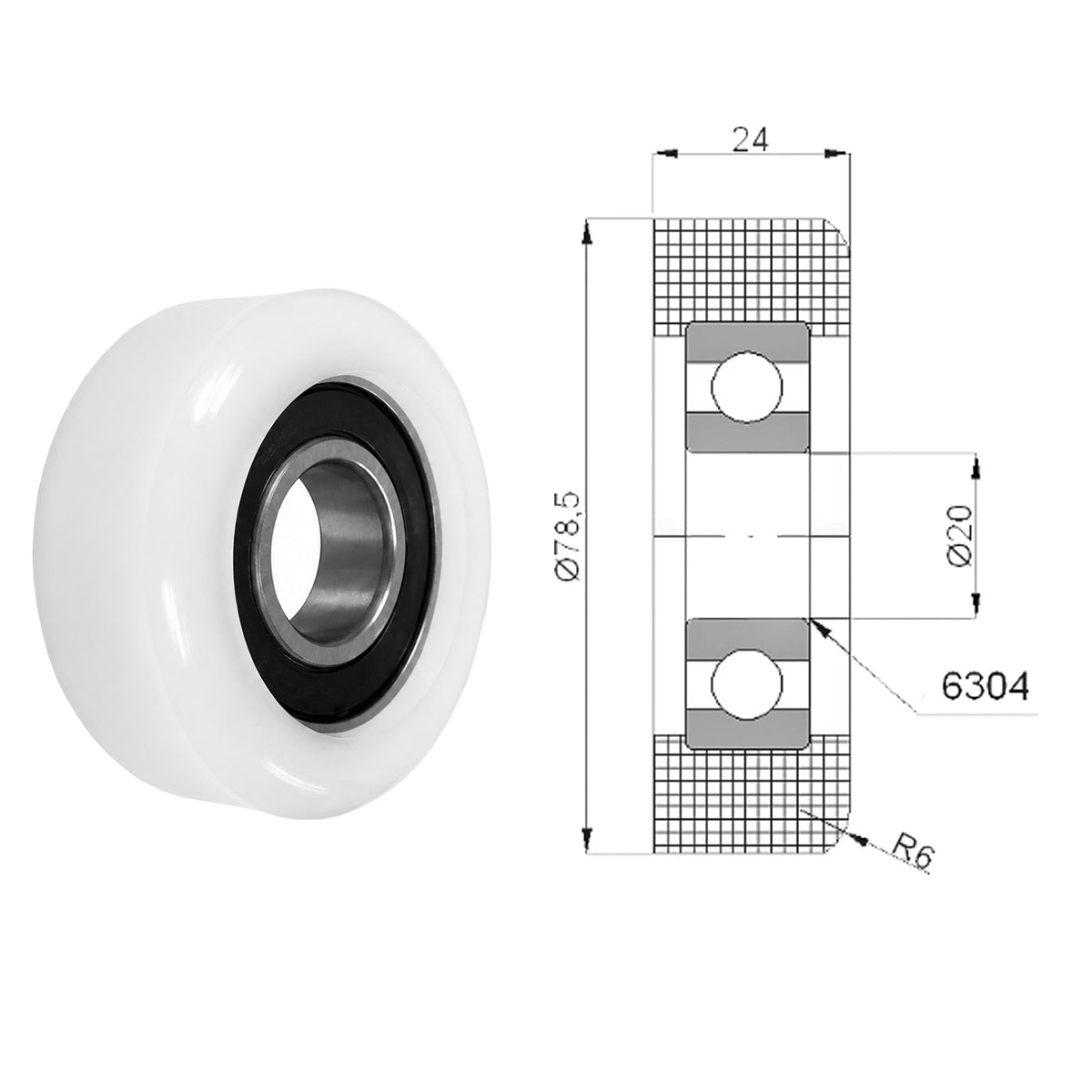 Polyamid Rolle Ø 78,5 mm mit Kugellager Kunststoffrolle Industrierollen R-78,5
