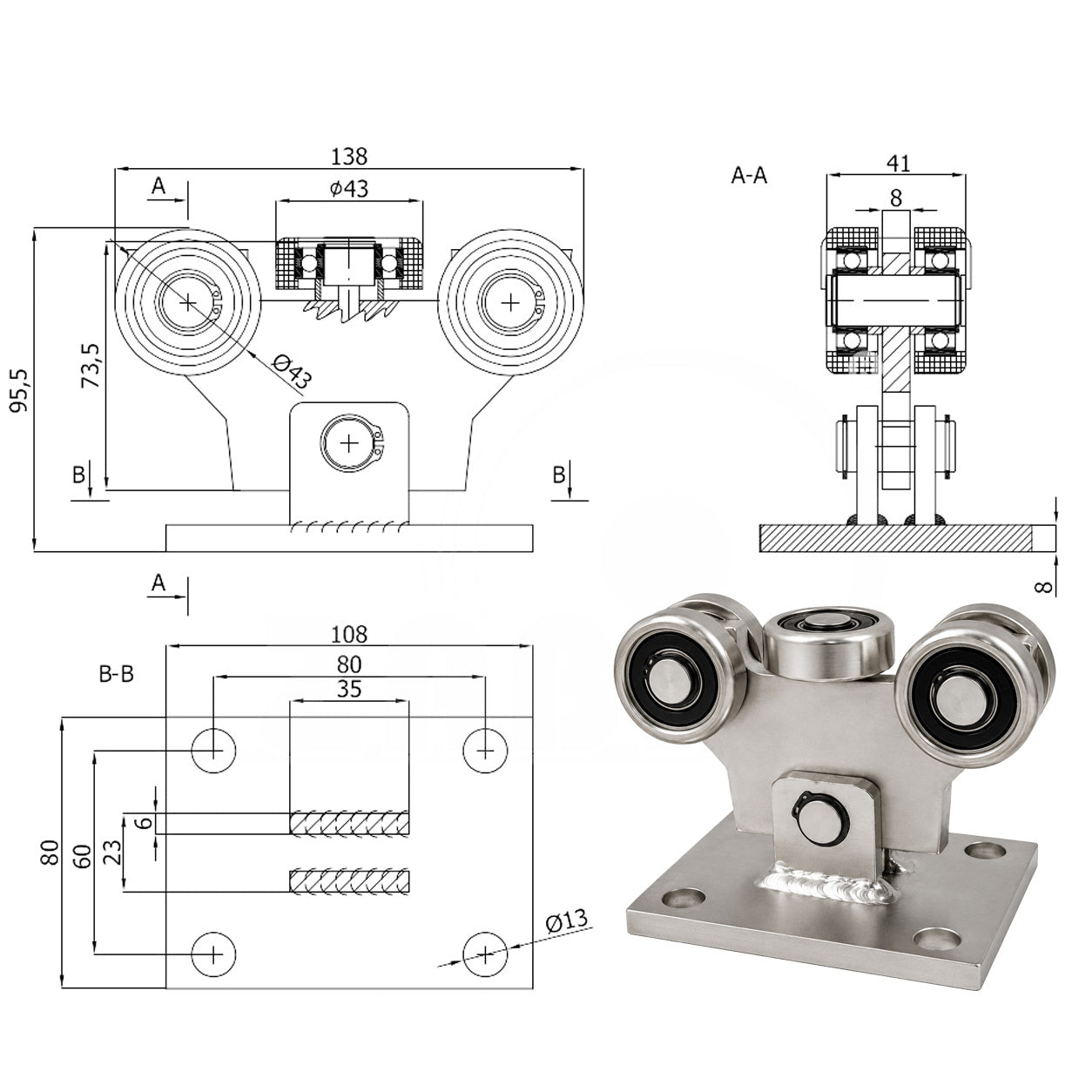Torwagen für Schiebetore - für Profile 50x50 mm - Wandstärke 2,5 mm: W-5MM-50