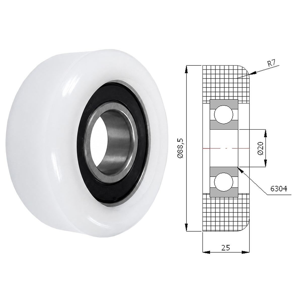 Polyamid Rolle Ø 88,5 mm mit Kugellager Kunststoffrolle Industrierollen R-88,5