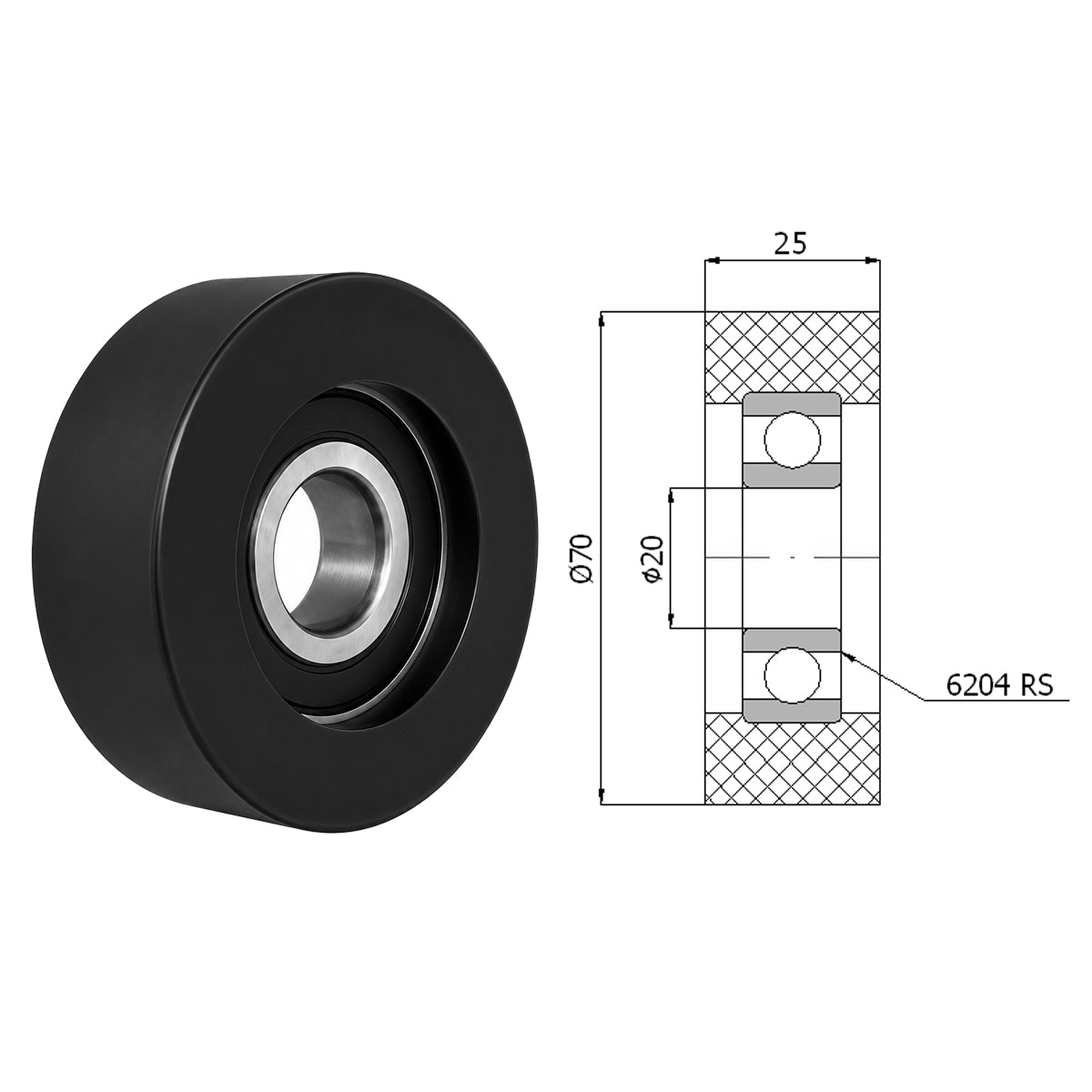 Polyamid Rolle Ø 70mm mit Kugellager Kunststoffrolle Industrierollen RP-70-25/20