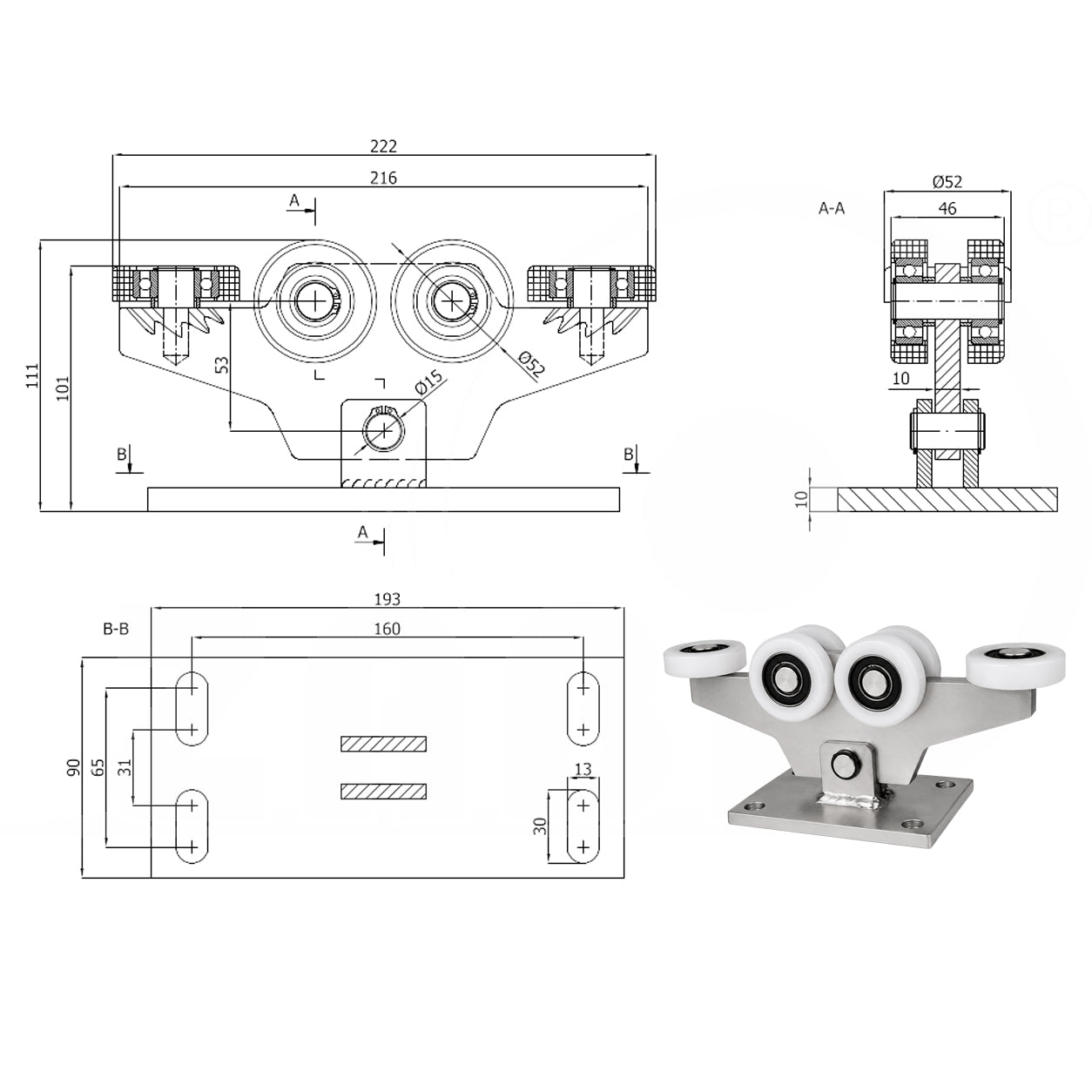 Torwagen für Schiebetore - für Profile 60 x 60 mm - Wandstärke 3 mm: W-6T-60