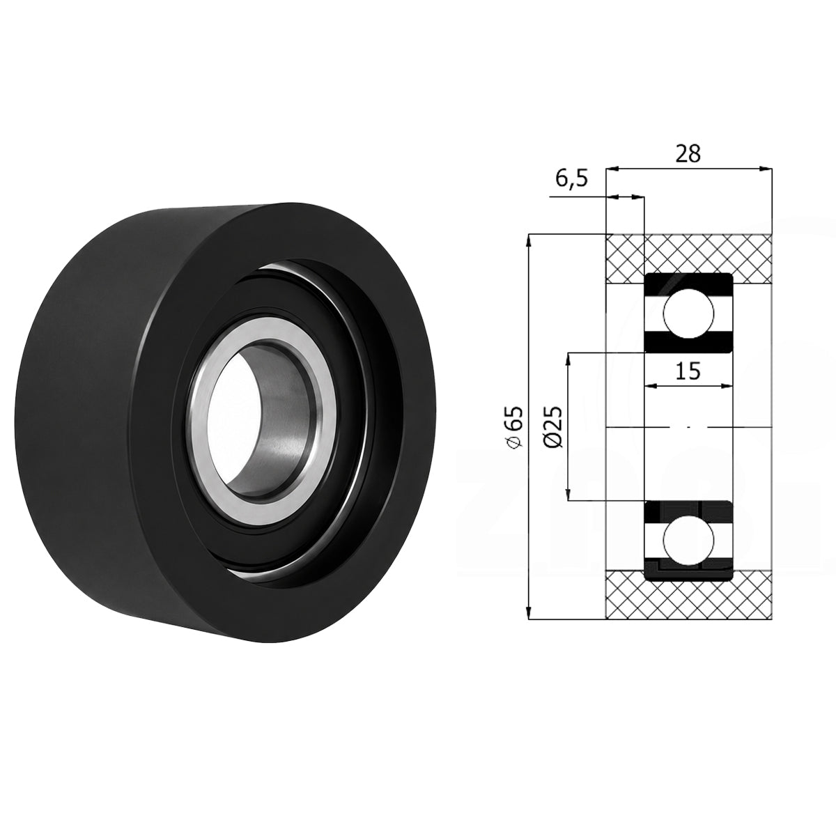 Polyamid Rolle Ø 65mm mit Kugellager Kunststoffrolle Industrierollen RP-65-28/25