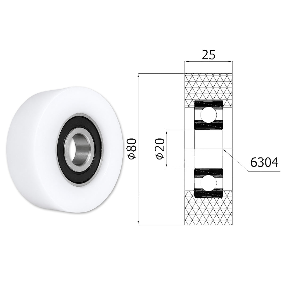 Polyamid Rolle Ø 80 mm mit Kugellager Kunststoffrolle Industrierollen R-80-25/20