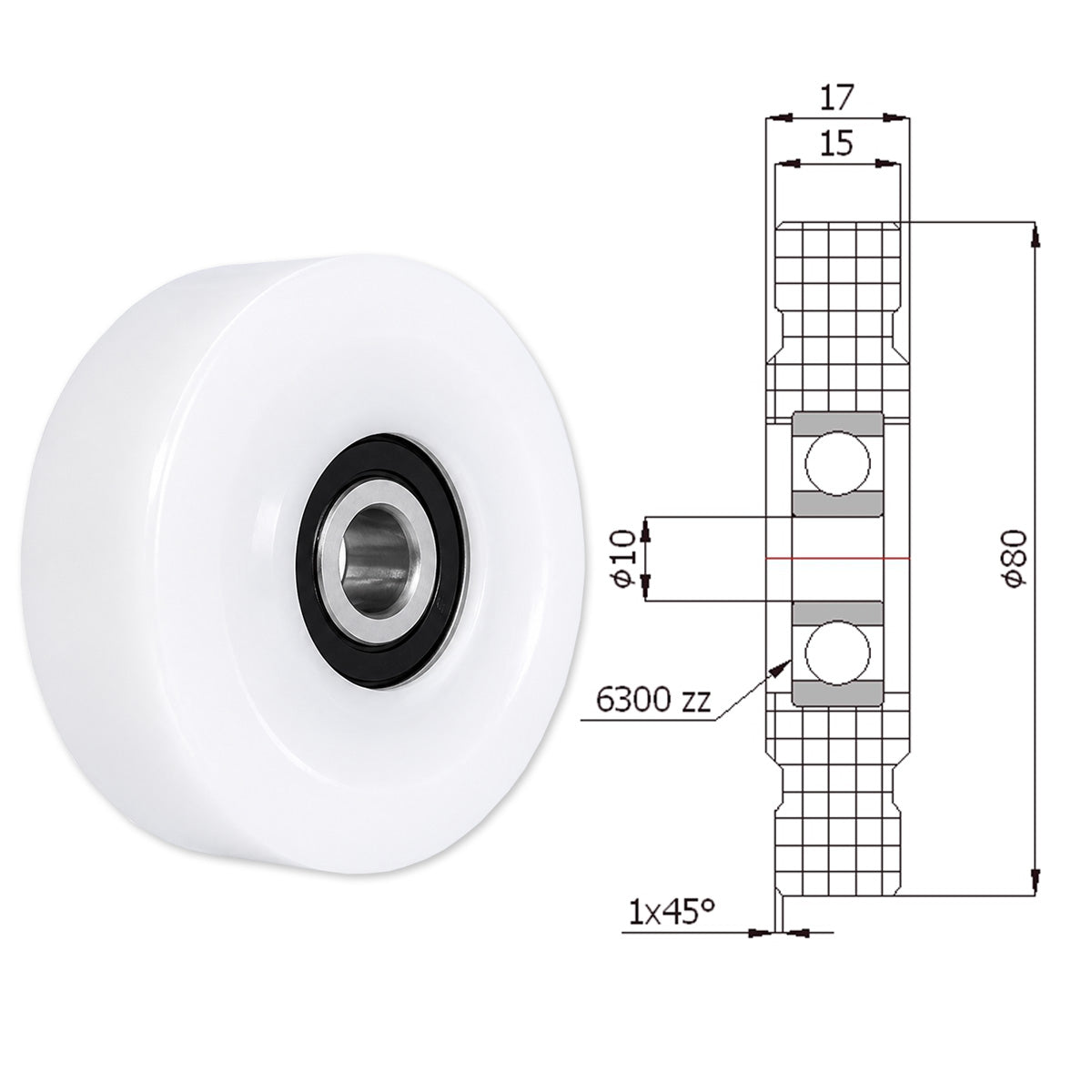 Polyamid Rolle Ø 80 mm mit Kugellager Kunststoffrolle Industrierollen R-80-17/10