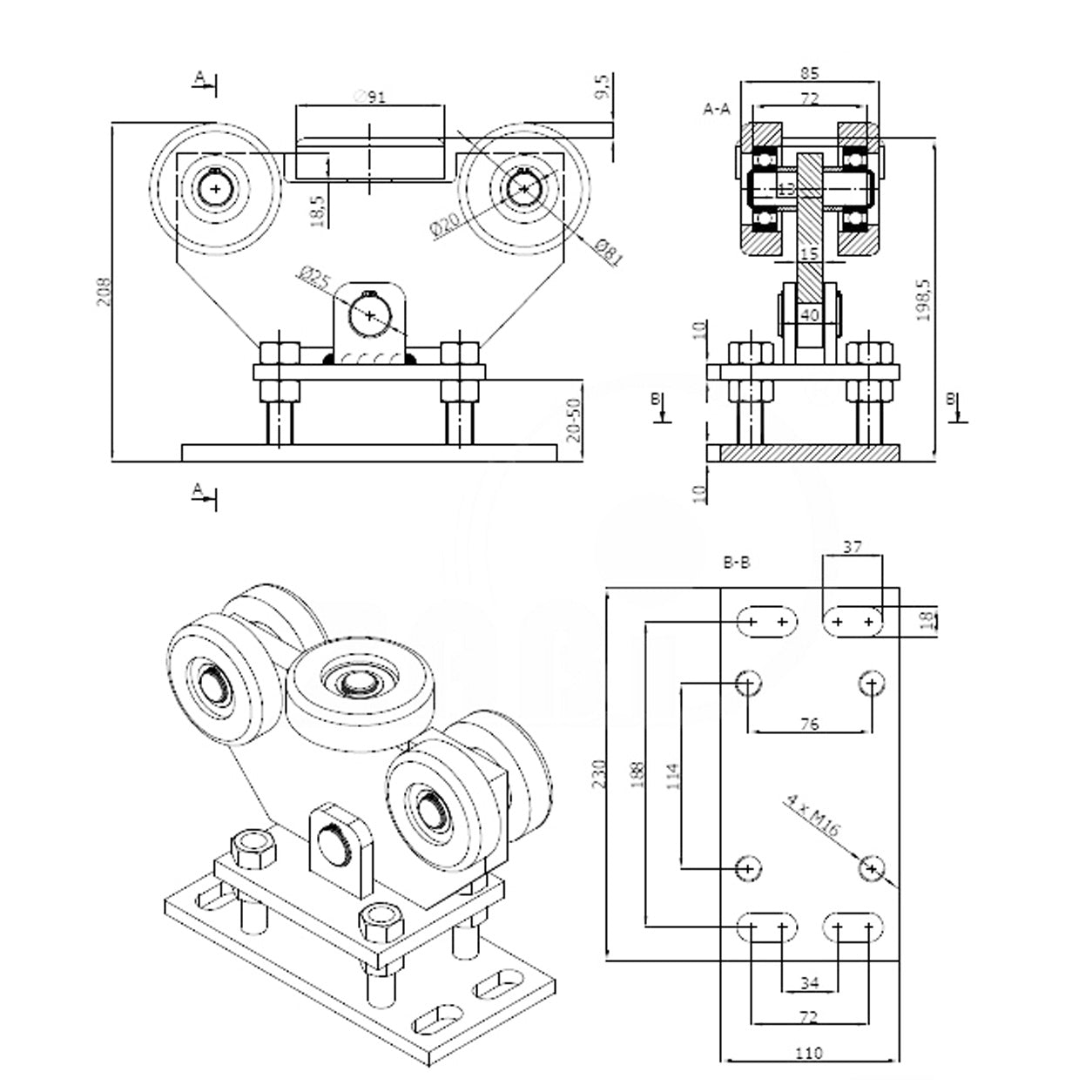 Torwagen für Schiebetore - für Profile 90x100 mm - Wandstärke 4 mm: WR-5MM-90/100