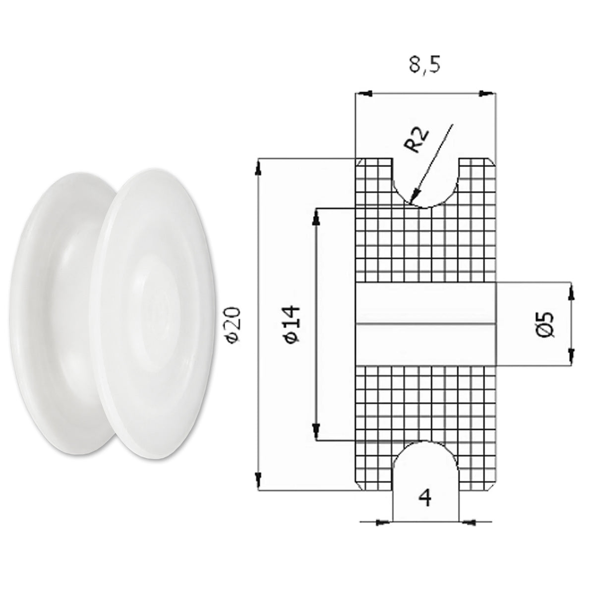 Seilrolle mit Gleitlager Ø 20 mm Polyamid Kunststoffrolle für Seil Ø 4 mm C20/4