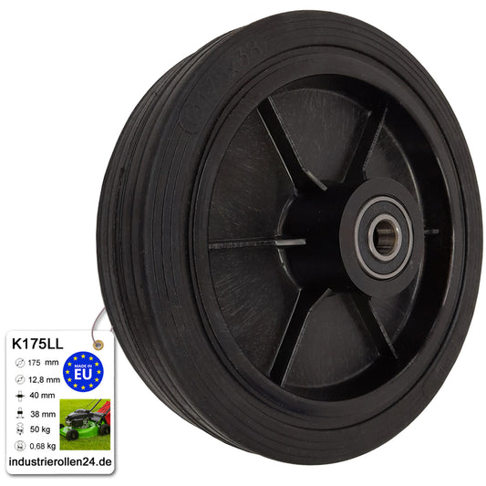 Rasenmäherrad 175 mm – Universal Ersatzrad aus Vollgummi mit Kugellager, Code: K175LL