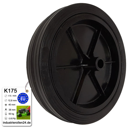 Rasenmäherrad 175 mm – Universal Ersatzrad aus Vollgummi für Rasenmäher, Code: K175
