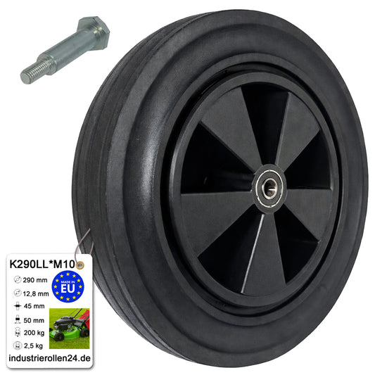 Rasenmäherrad 290 mm – Universal Ersatzrad aus Vollgummi mit Kugellager + Montage-Set, Code: K290LL*M10