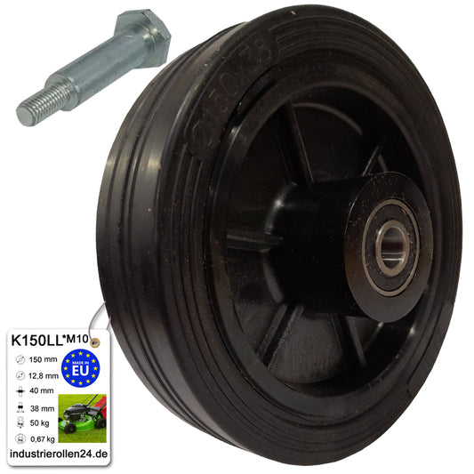 Rasenmäherrad 150 mm – Universal Ersatzrad aus Vollgummi mit Kugellager + Montage-Set, Code: K150LL*M10
