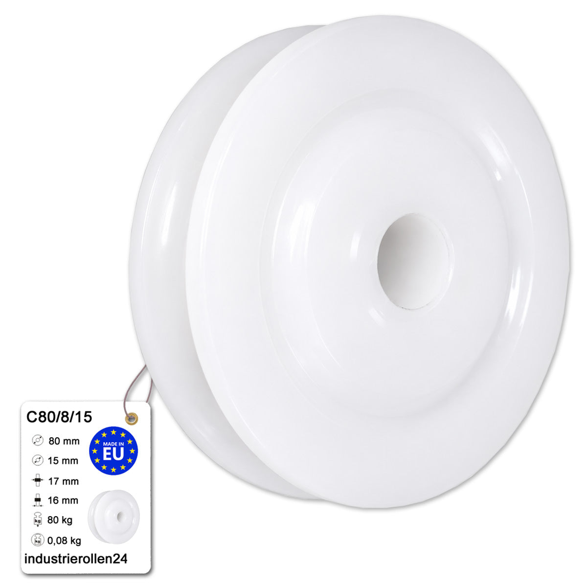 Seilrolle mit Gleitlager Ø80mm Polyamid Kunststoffrolle für Seil Ø8 mm C80/8/15