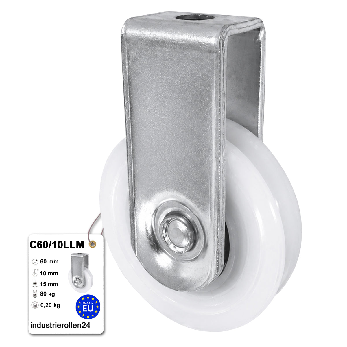 Polyamid Seilrolle Ø60 mm mit Kugellager und Halterung für Seil Ø10: C60/10LLM