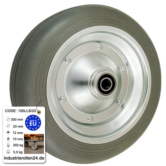 Ersatzrad Ø300 mm – Graues, nicht abfärbendes Vollgummi Industrierad mit Kugellager für Transportwagen, Code: 100LLS/20