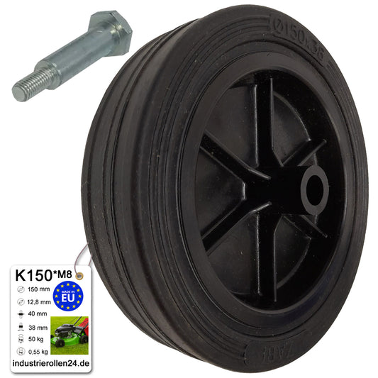 Rasenmäherrad 150 mm – Universal Ersatzrad aus Vollgummi + Montage-Set, Code: K150*M8