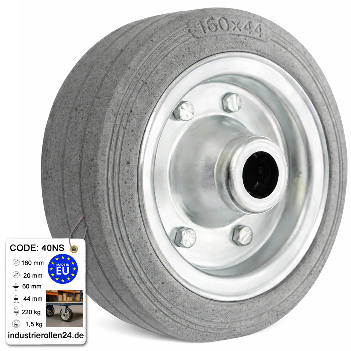 Ersatzrad Ø160 mm – Graues, nicht abfärbendes Vollgummi Industrierad für Transportwagen, Code: 40NS