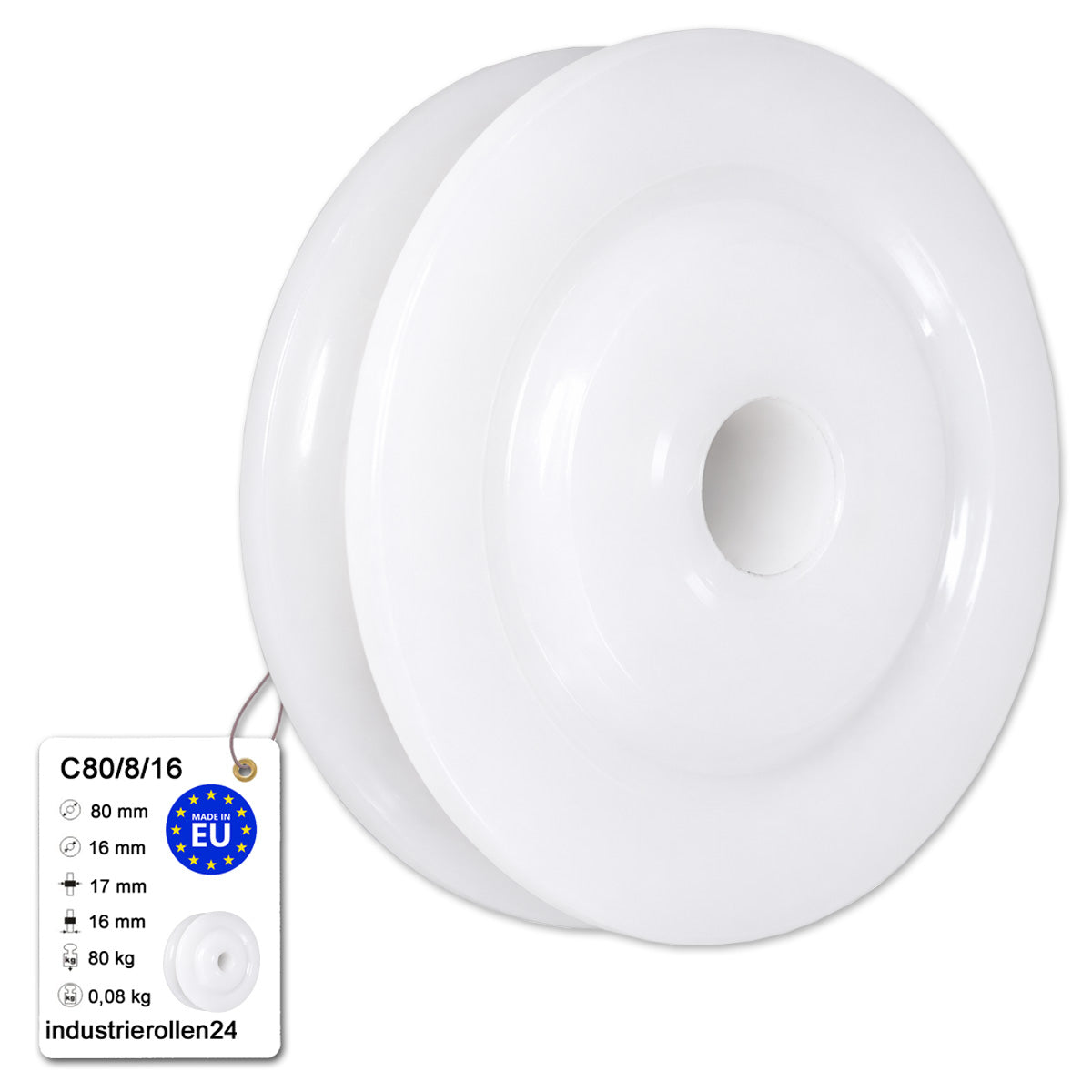 Seilrolle mit Gleitlager Ø80mm Polyamid Kunststoffrolle für Seil Ø8 mm C80/8/16