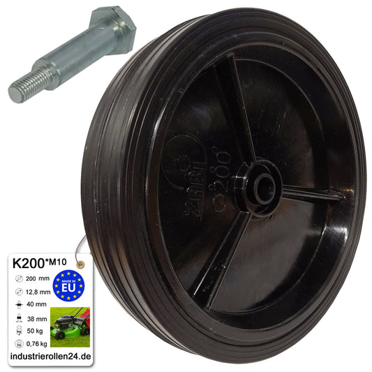 Rasenmäherrad 200 mm – Universal Ersatzrad aus Vollgummi + Montage-Set, Code: K200*M10