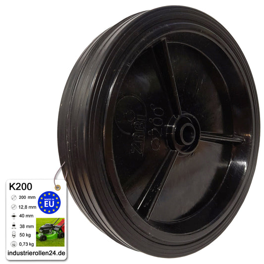 Rasenmäherrad 200 mm – Universal Ersatzrad aus Vollgummi für Rasenmäher, Code: K200