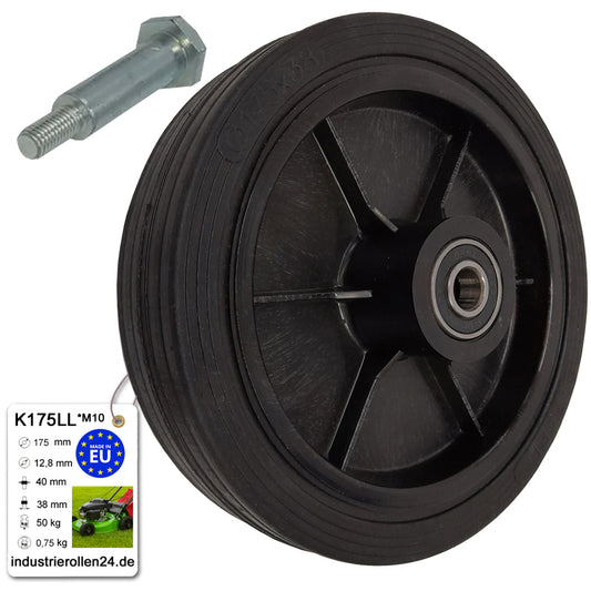 Rasenmäherrad 175 mm – Universal Ersatzrad aus Vollgummi mit Kugellager + Montage-Set, Code: K175LL*M10