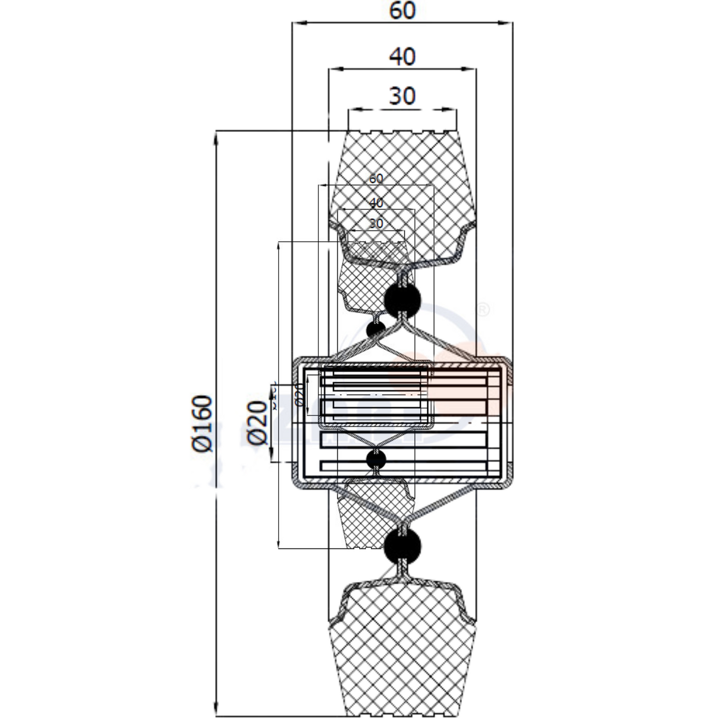 Ersatzrad Ø160 mm – Graues, nicht abfärbendes Vollgummi Industrierad für Transportwagen, Code: 40S