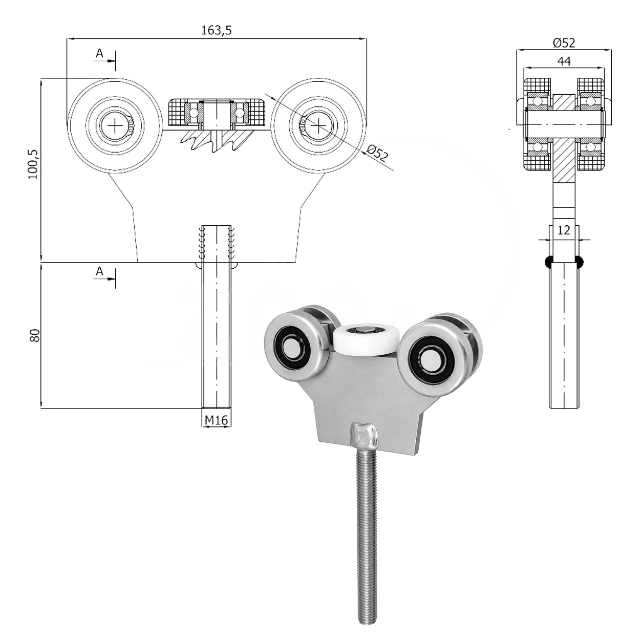 Torwagen für Schiebetore - für Profile 60 x 60 mm - Wandstärke 3 mm: G-5M-60/M16