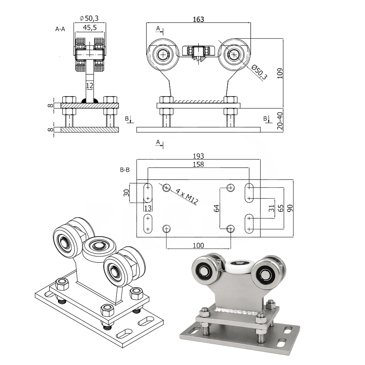 Torwagen für Schiebetore - für Profile 60 x 60 mm - Wandstärke 4 mm: R-5M-60/4