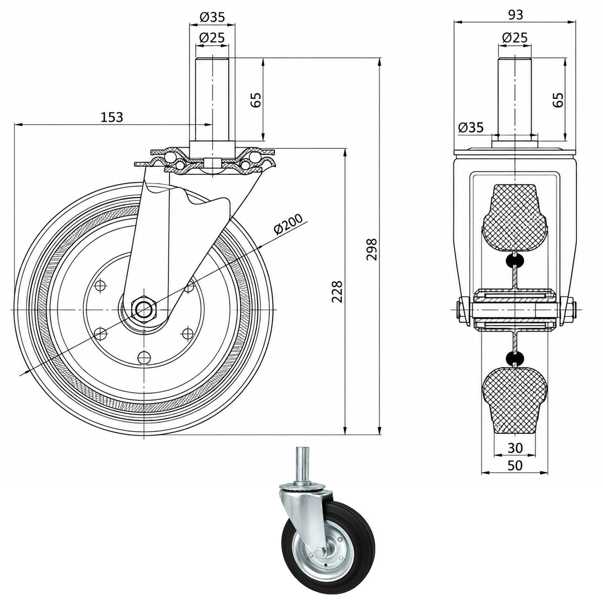 Metall-Gummiräder mit Befestigungsstift Lenkrollen  Ø200 mm Code: 64*25