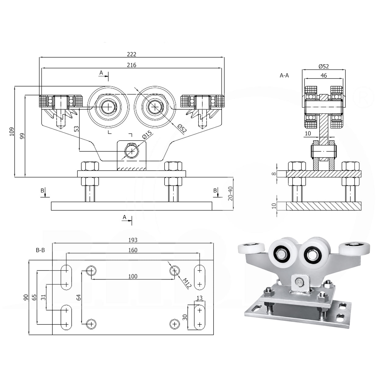 Torwagen für Schiebetore - für Profile 60 x 60 mm - Wandstärke 3 mm: WR-6T-60