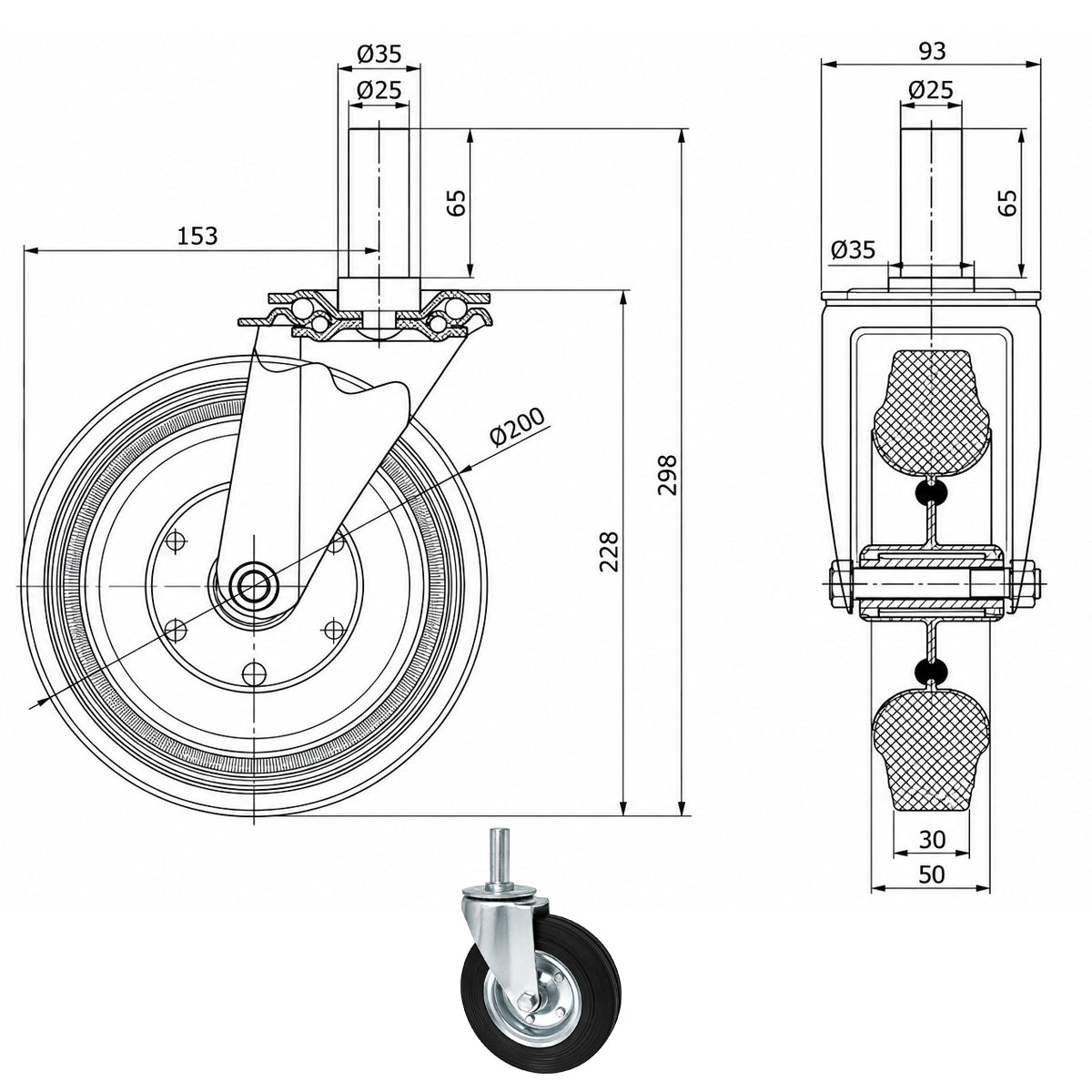 Metall-Gummiräder mit Befestigungsstift Lenkrollen  Ø200 mm Code: 64N*25