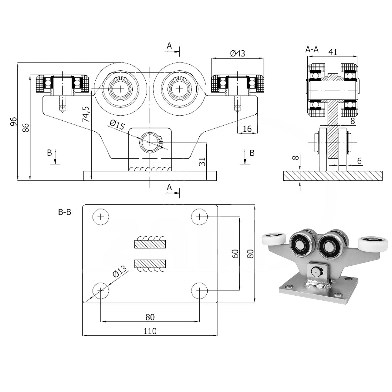Torwagen für Schiebetore - für Profile 50x50 mm - Wandstärke 2,5 mm: W-6M-50
