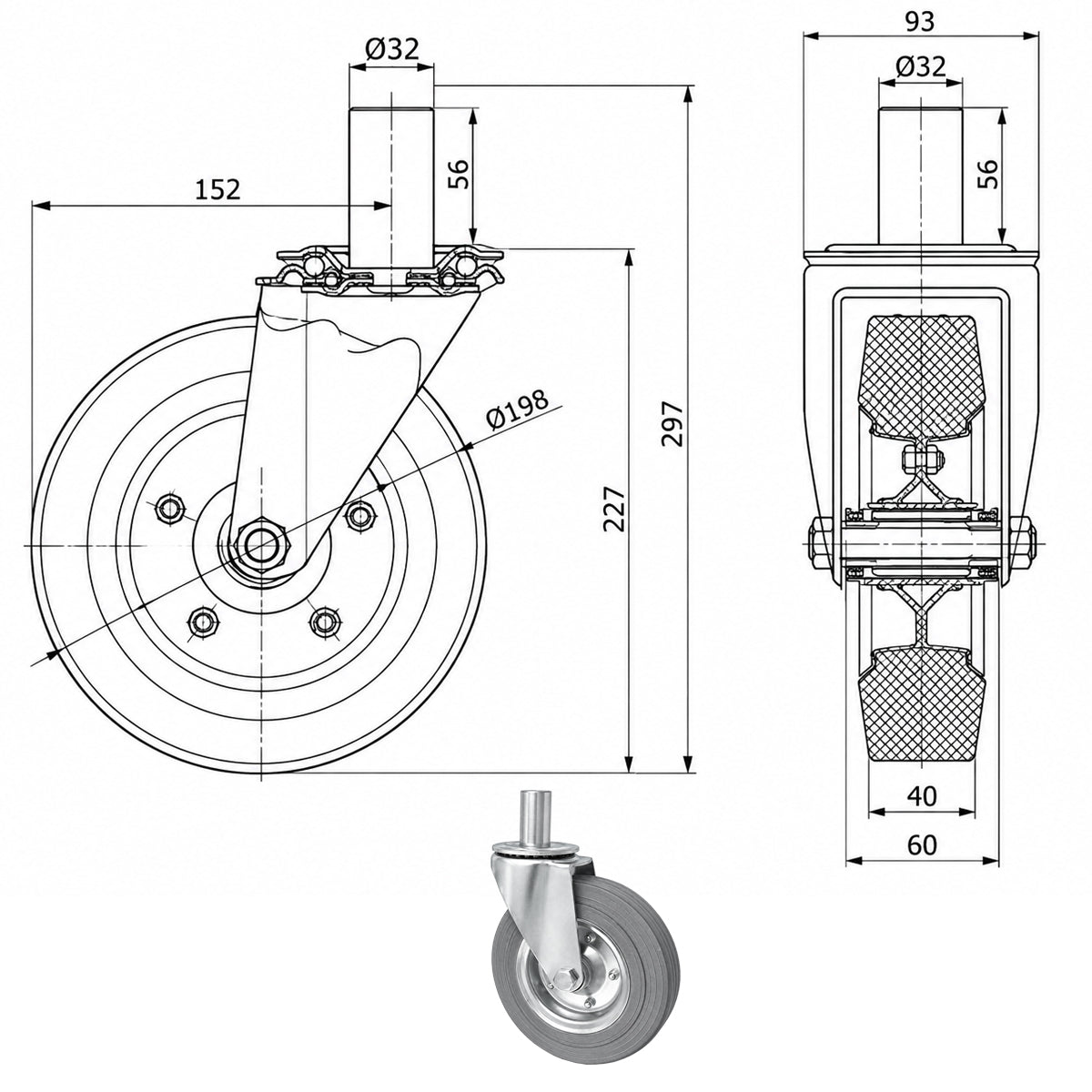 Metall-Gummiräder mit Befestigungsstift Lenkrollen  Ø200 mm Code: 64NS*32
