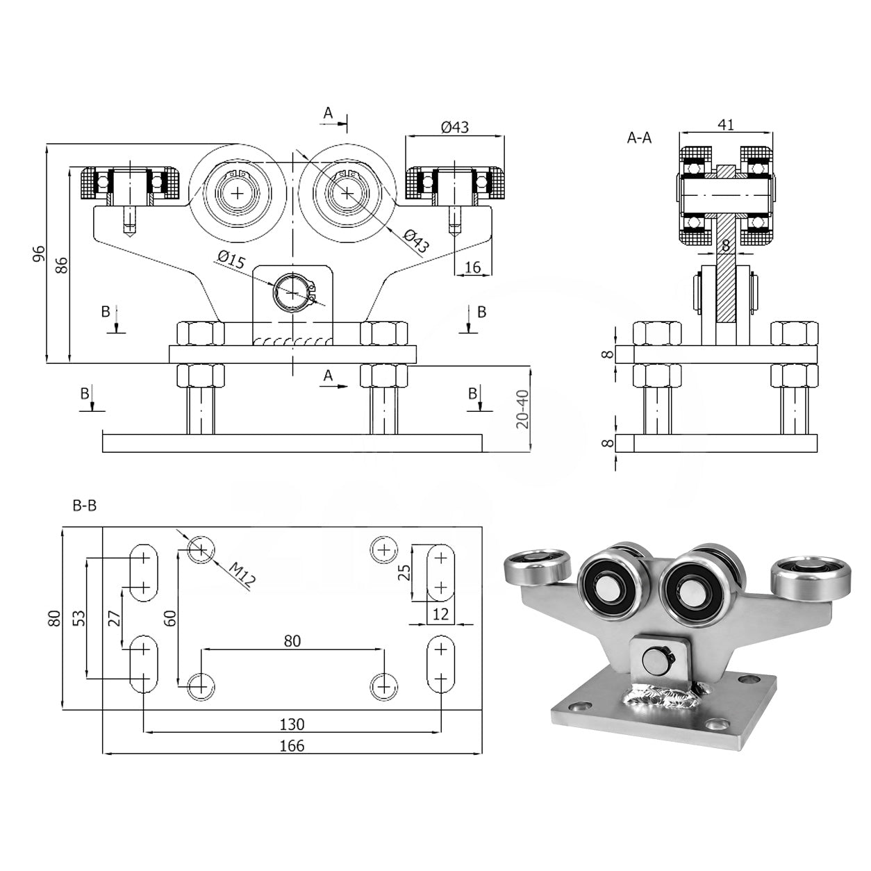 Torwagen für Schiebetore - für Profile 50x50 mm - Wandstärke 2,5 mm: WR-6MM-50