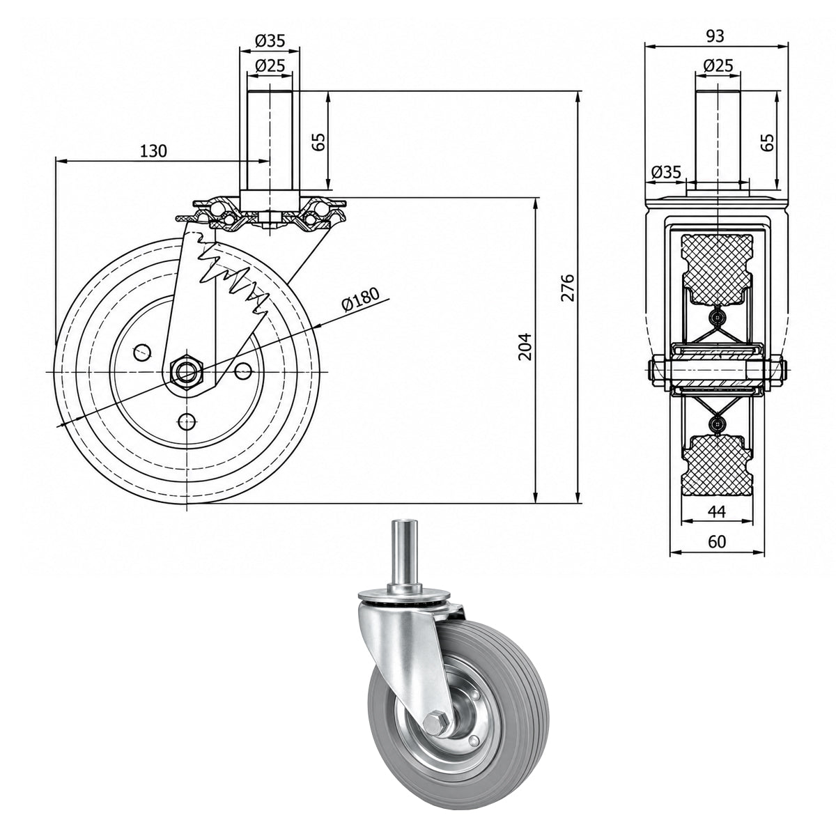 Metall-Gummiräder mit Befestigungsstift Lenkrollen  Ø180 mm Code: 54S*25